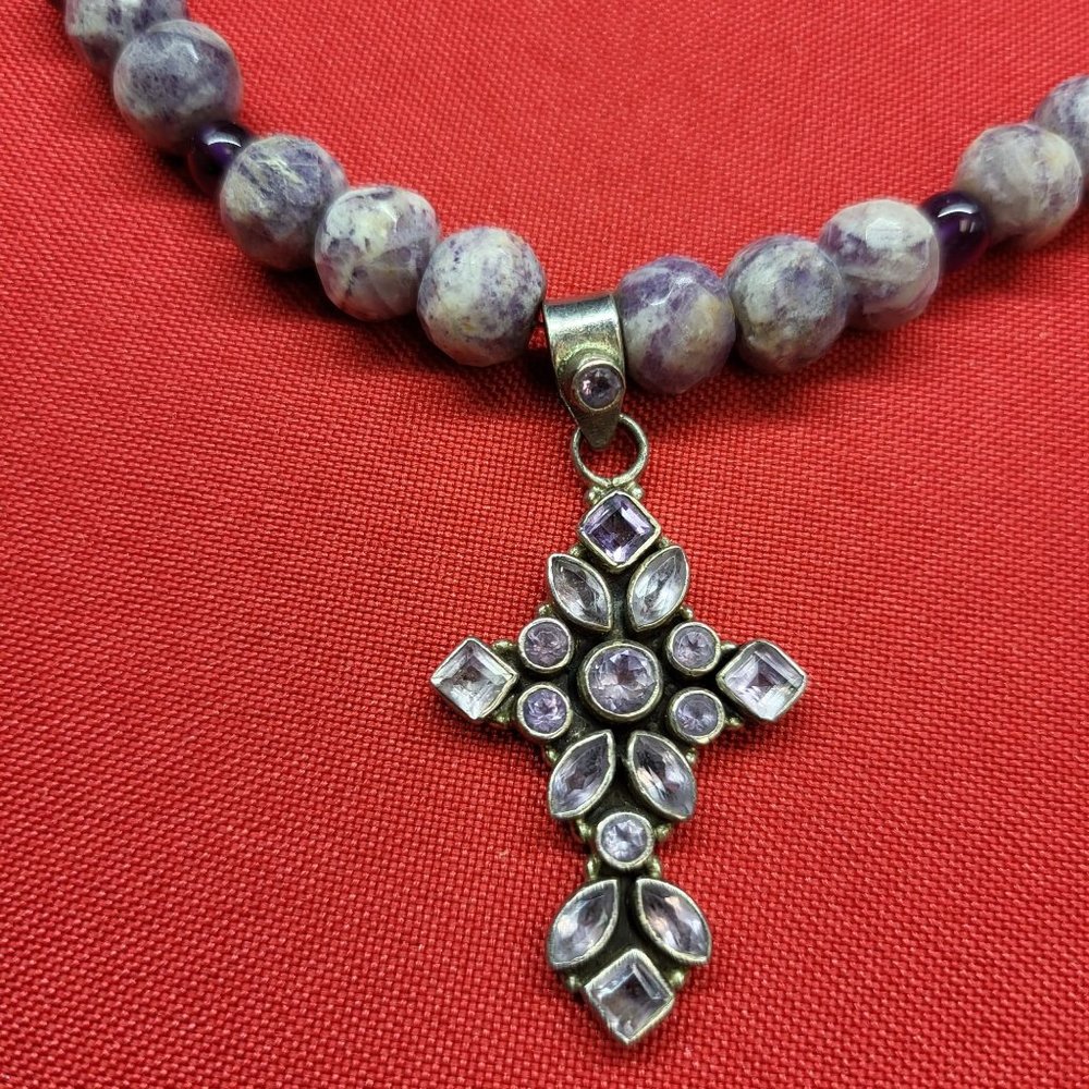 VTG Sterling Silver Purple Bead Cross Necklace